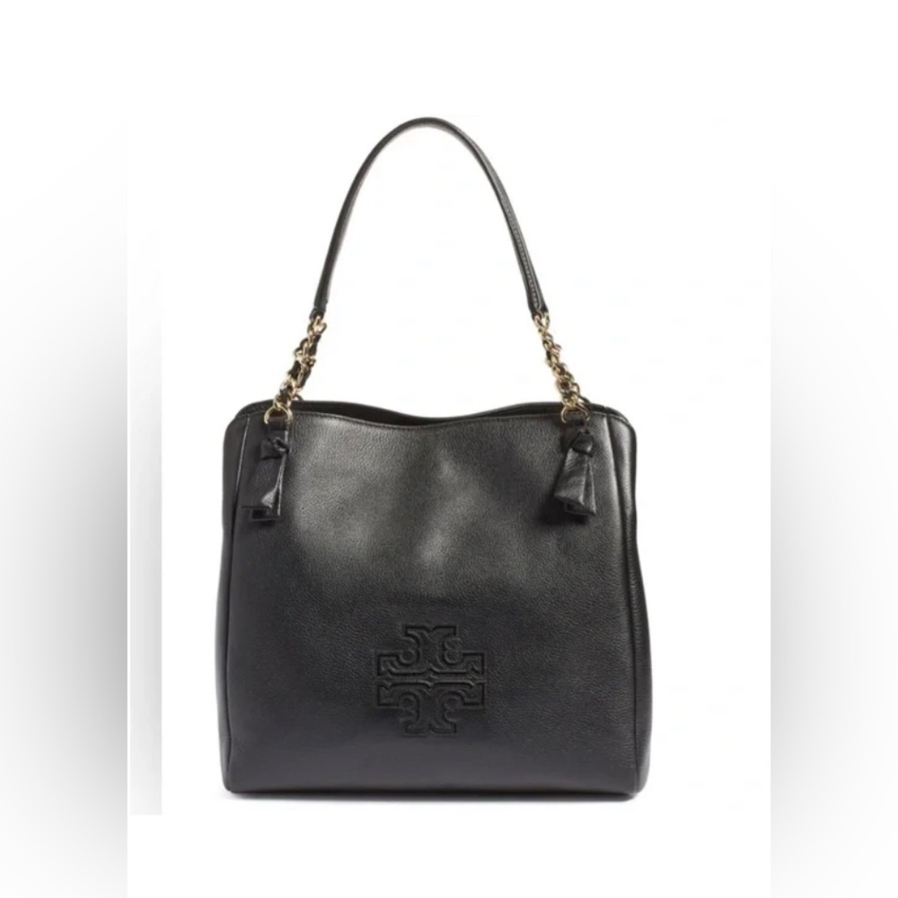 Tory Burch Harper‎ Tote BLACK Pebbled LEATHER Gold Chain Shoulder BAG Rt-495